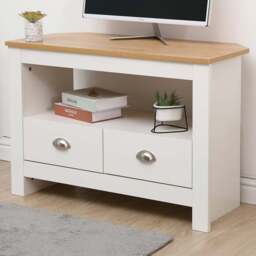 FurnitureHMD 2 Drawer Single Shelf White and Oak Effect Wooden Corner TV Unit - Size: 58 x 85 x 39cm - Wilko