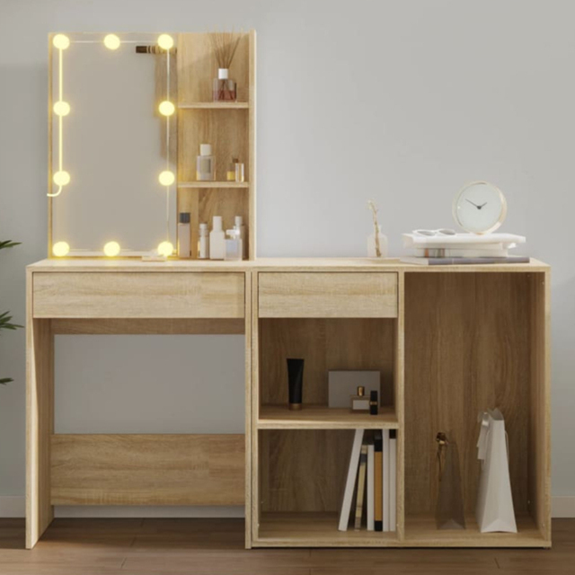vidaXL Sonoma Oak Dressing Table with LED Mirror and Cabinet - Size: 140 x 60 x 40cm - Brown - Wilko - image 1