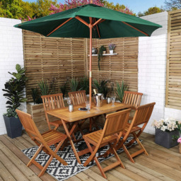 Samuel Alexander Wooden 6 Seater Folding Rectangular Garden Dining Set with Green Parasol - Brown - Wilko - thumbnail 1