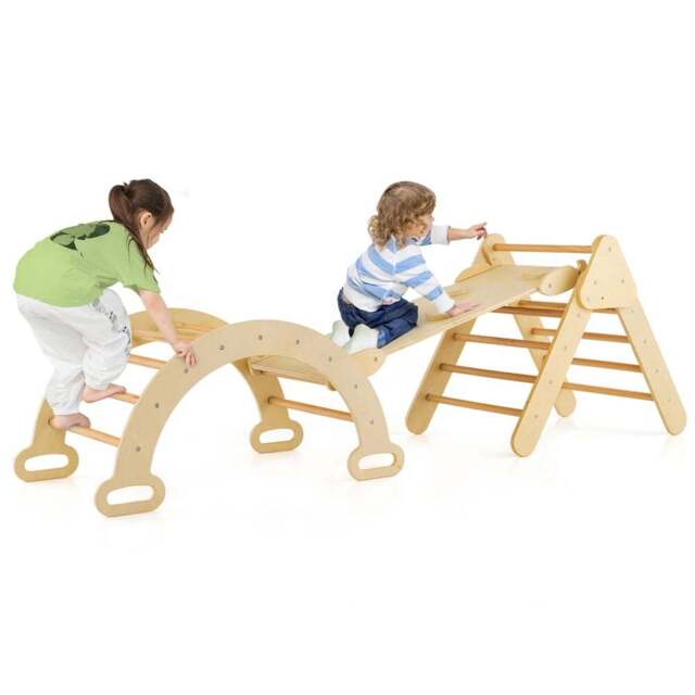 Costway Montessori Kids Natural Wooden Climbing Triangle Set - Size: 109.2 x 53.3 x 15.24cm - Cream - Wilko - image 1