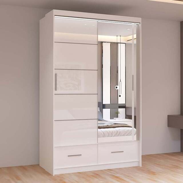 Sliding Wardrobes 4U Sycylia 2 Door 2 Drawer White High Gloss Mirrored Wardrobe 150cm - Size: 2 Door, 2 Drawer - Wilko - image 1