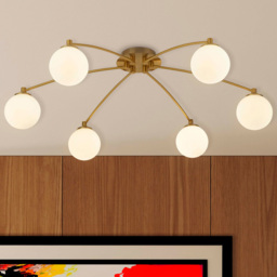 Lighting Collection 6 Light Opal and Brass 6lt Semi Flush Ceiling Light - Size: 21 x 75 x 75cm - Gold - Wilko - thumbnail 3