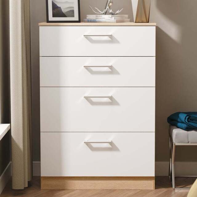 Crowndale Devon 4 Drawer White Matt and Bardolino Oak Deep Chest of Drawers Ready Assembled - White Matt & Bardolino Oak - Wilko - image 1