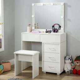 Home Source Vero 5 Drawer White Vanity Table and Cushioned Stool Set with LED Mirror - Size: 135 x 80 x 40cm - Wilko