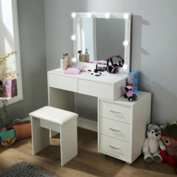Home Source Vero 5 Drawer White Vanity Table and Cushioned Stool Set with LED Mirror - Size: 135 x 80 x 40cm - Wilko - thumbnail 7