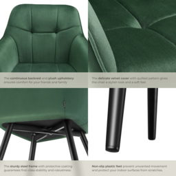 tectake Marilyn Dark Green and Black Quilted Velvet Dining Chair with Armrest - Size: Single - Wilko - thumbnail 6