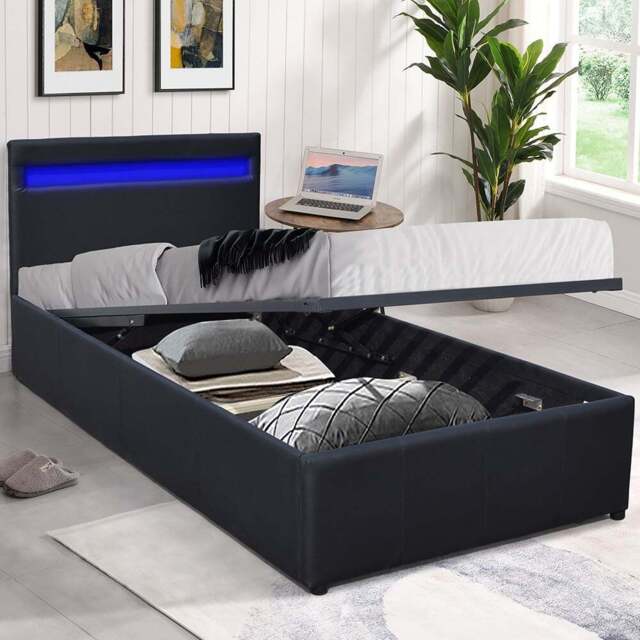 Comfy Living Small Black Faux Leather Ottoman Bed Frame with LED - Size: Single - Wilko - image 1
