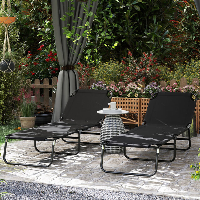 Outsunny Set of 2 Black 5 Level Adjustable Folding Sun Lounger - Size: 28 x 56 x 190cm - Wilko - image 1