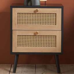 Croxley 2 Drawer Black and Oak Rattan Bedside Table - Birlea - Wilko