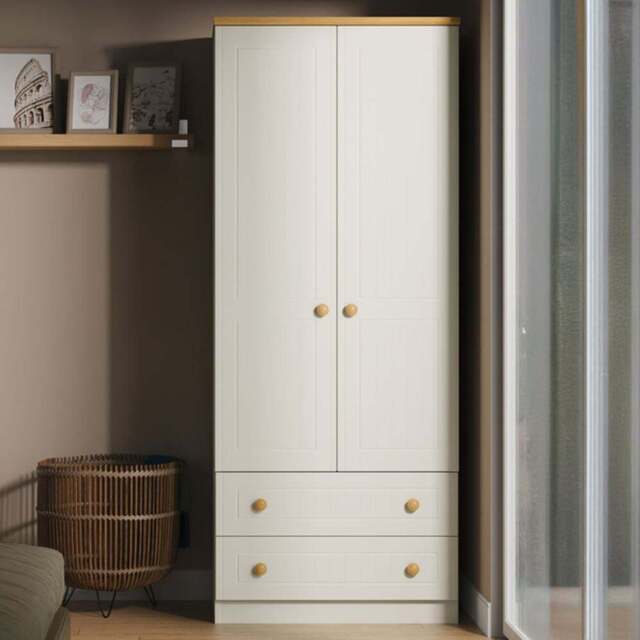 Crowndale Warwick 2 Door 2 Drawer Cream Ash and Oak Double Wardrobe - Size: 2 Door, 2 Drawer - Wilko - image 1