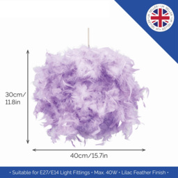 Happy Homewares Lilac Real Feather Decorated Pendant Shade Large - Size: 30 x 40 x 40cm - Purple - Wilko - thumbnail 4