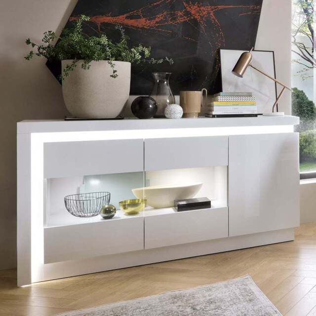 Lyon 3 Door White High Gloss Glazed LED Sideboard - Size: 42 x 157.7 x 89.1cm - Multi - Furniture to Go - Wilko - image 1