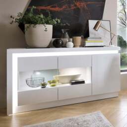 Lyon 3 Door White High Gloss Glazed LED Sideboard - Size: 42 x 157.7 x 89.1cm - Multi - Furniture to Go - Wilko
