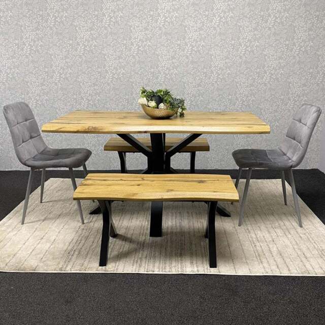 Kosy Koala 6 Seater Velvet Wooden Rectangle Dining Set with Bench Grey - Multi - Wilko - image 1
