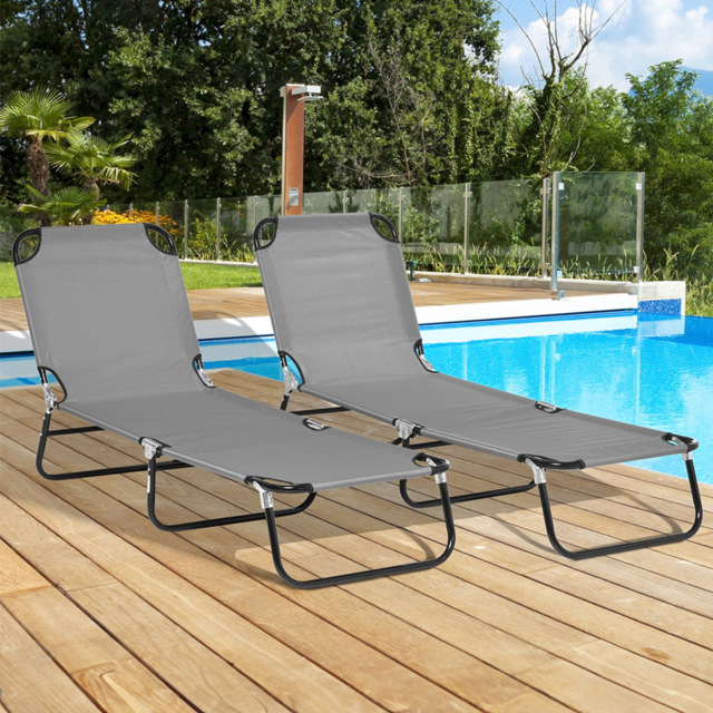 Outsunny Set of 2 Dark Grey Adjustable Folding Sun Lounger - Size: 28 x 56 x 188cm - Wilko - image 1