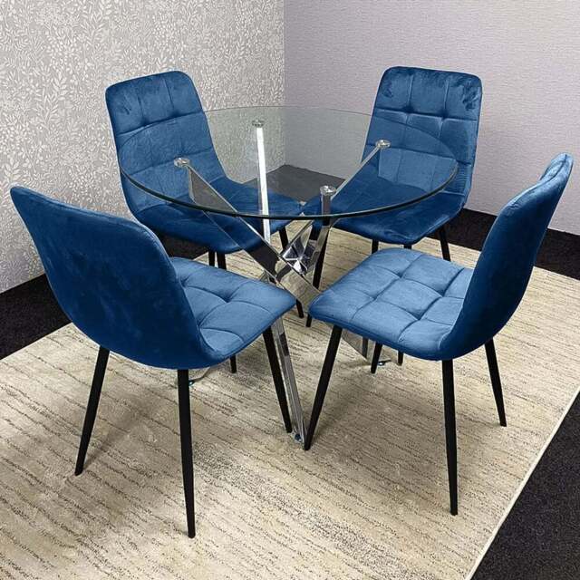Kosy Koala 4 Seater Glass Round Dining Set Blue Velvet - Multi - Wilko - image 1