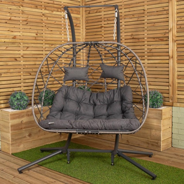 Samuel Alexander 2 Seater Rattan Hanging Garden Egg Chair with Grey Waterproof Cover - Wilko - image 1