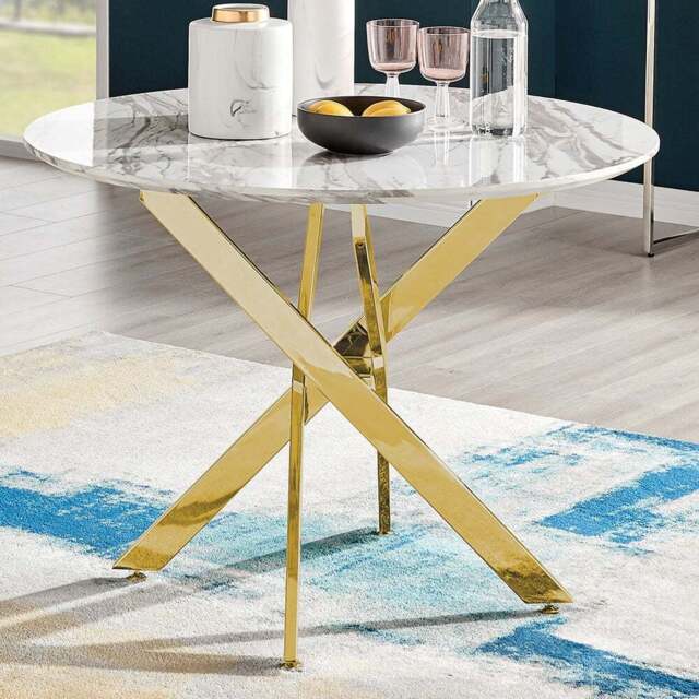 Furniturebox Arona 4 Seater Round Dining Table White Marble and Gold - Wilko - image 1