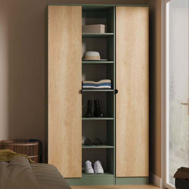 Crowndale Bora 2 Door 6 Shelf Gold Oak and Reed Green Triple Wardrobe - Wilko - image 1