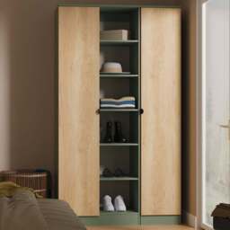 Crowndale Bora 2 Door 6 Shelf Gold Oak and Reed Green Triple Wardrobe - Wilko - thumbnail 1