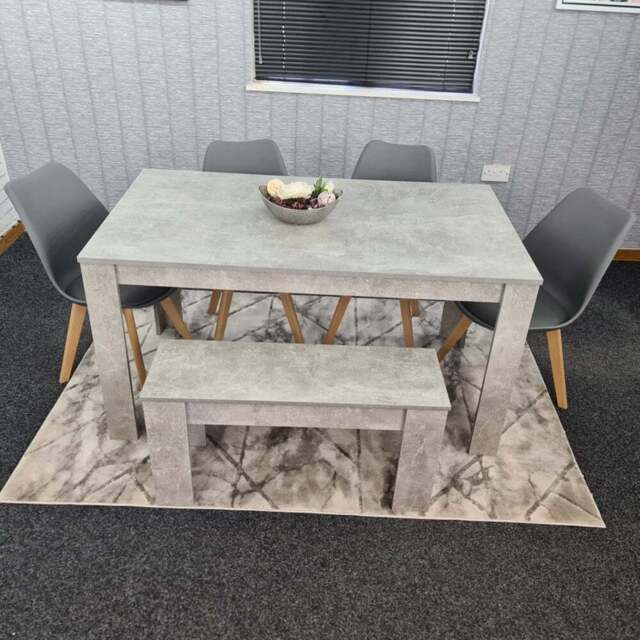 Portland Plastic Leather 6 Seater Dining Set with Bench Stone Grey and Grey - Wilko - image 1