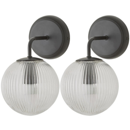 ValueLights Kempton Ribbed Globe Shade Matte Black Wall Lights with Bulbs - Size: 26 x 15 x 19cm - Wilko