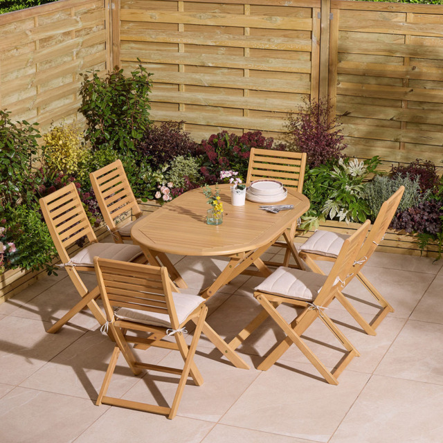 Rowlinson Ashdown 6 Seater Oval Folding Dining Set with Cushions - Brown - Wilko - image 1