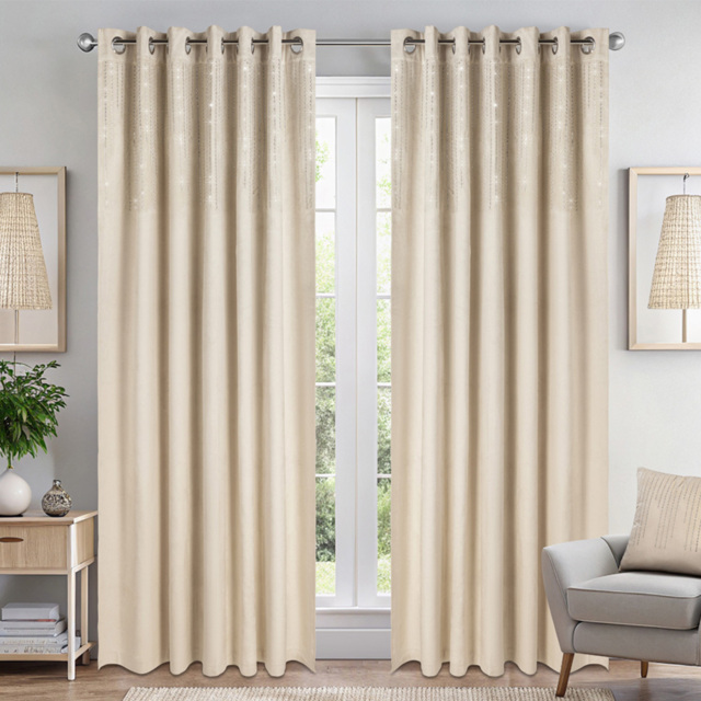 Alan Symonds Cream Cascading Diamante Studs Velvet Blackout Ring Top Eyelet Curtains 117 x 229cm - Size: W 117 x D 229cm - Wilko - image 1