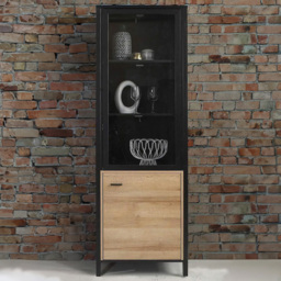 Florence High Rock Single Door Matt Black and Riviera Oak Wide Display Cabinet - Size: 40 x 64 x 193cm - Furniture to Go - Wilko