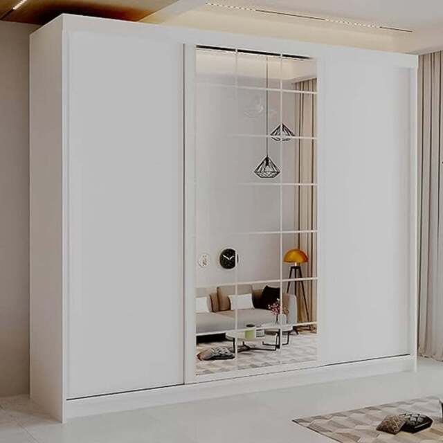 Sliding Wardrobes 4U 2 Sliding Door White Modern Central Grid Mirrored Wardrobe 250cm - Size: 2 Door - Wilko - image 1