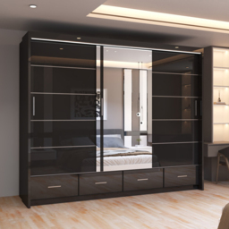 Sliding Wardrobes 4U 2 Sliding Door Black Modern High Gloss Central Mirrored Wardrobe 255cm - Size: 2 Door - Wilko - thumbnail 4