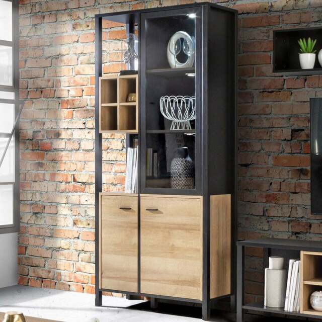 Florence High Rock 4 Door Matt Black and Riviera Oak Display Cabinet - Size: 40 x 86 x 193cm - Furniture to Go - Wilko - image 1