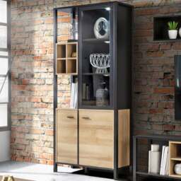 Florence High Rock 4 Door Matt Black and Riviera Oak Display Cabinet - Size: 40 x 86 x 193cm - Furniture to Go - Wilko - thumbnail 1