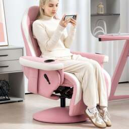 HOMCOM Pink Swivel Manual Reclining Gaming Chair with Footrest - Size: 48 x 65 x 84cm - Wilko