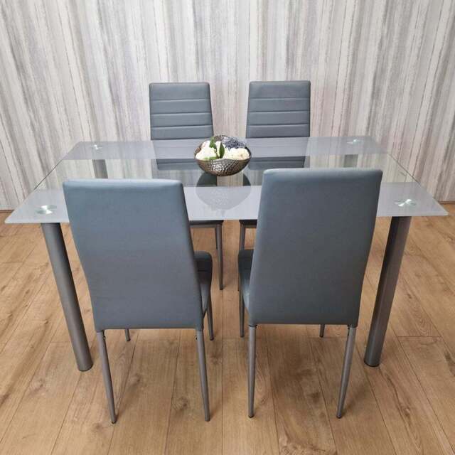 Kosy Koala 4 Seater Glass and Faux Leather Striped Design Dining Set Grey - Portland - Wilko - image 1