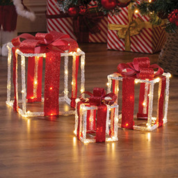 The Christmas Workshop 90 Warm White LED Acrylic Red Gift Box Decoration Set of 3 - Size: 22 x 20 x 20cm - Wilko - thumbnail 1