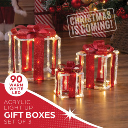 The Christmas Workshop 90 Warm White LED Acrylic Red Gift Box Decoration Set of 3 - Size: 22 x 20 x 20cm - Wilko - thumbnail 5