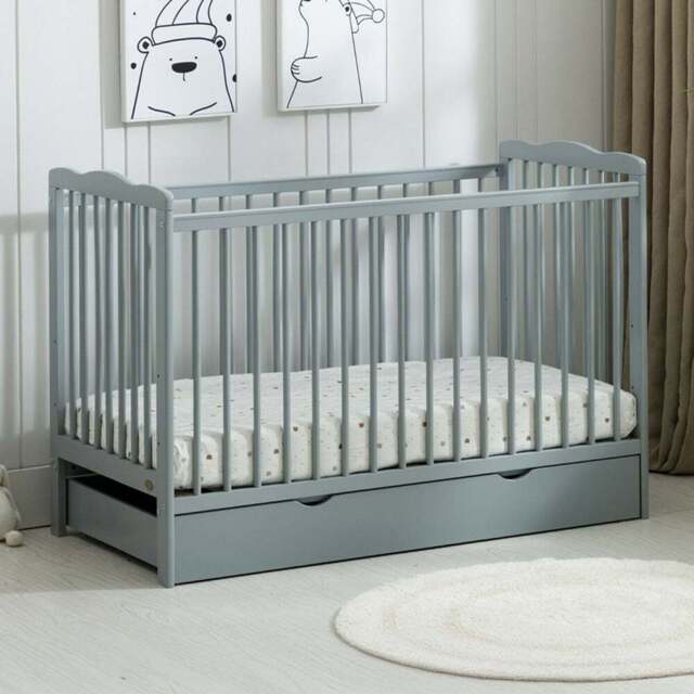 Brooklyn Single Drawer Grey Height Adjustable Wooden Baby Cot Crib - Size: 85 x 125 x 66cm - MCC - Wilko - image 1