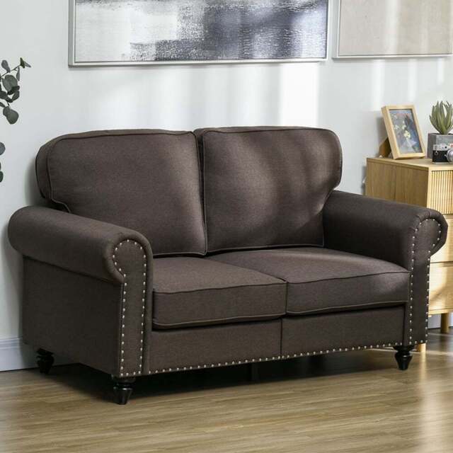 HOMCOM 2 Seater Brown Fabric Accent Chair with Nailhead Trim Rolled Arms - Wilko - image 1