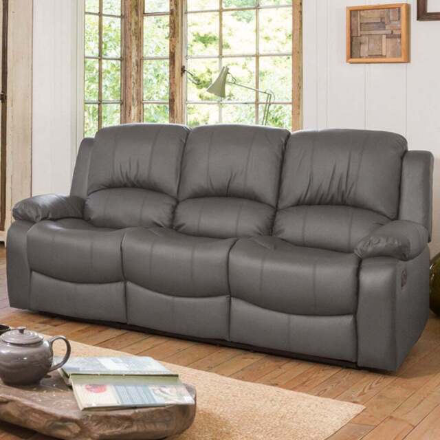 Glendale 3 Seater Grey Bonded Leather Manual Recliner Sofa - Artemis Home - Wilko - image 1