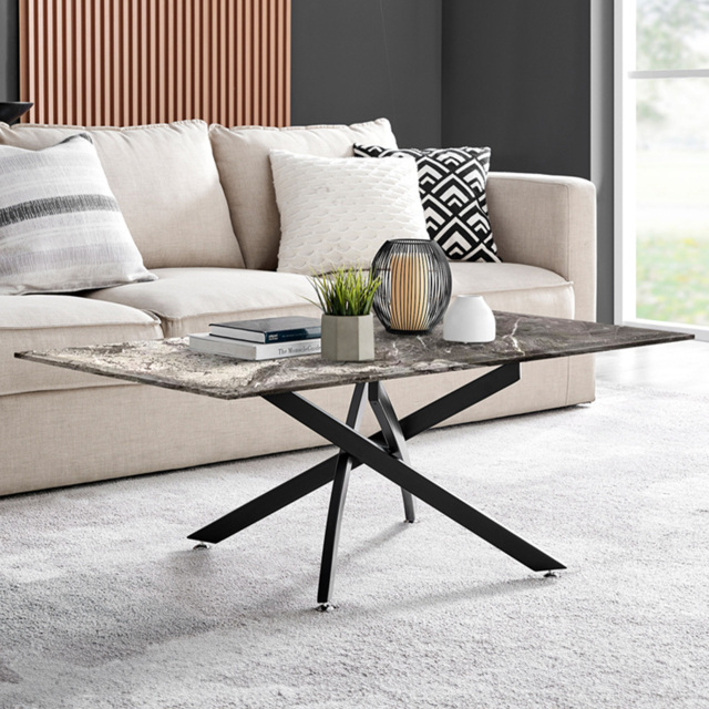 Furniturebox Tavalo Marble Effect Glass Coffee Table with Black Legs - Size: 120 x 60 x 45cm - Grey - Wilko - image 1