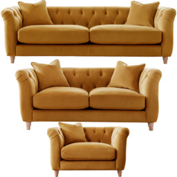 Elsie Chesterfield 6 Seater Ochre Plush Velvet Sofa Suite - Yellow - Wilko - thumbnail 3