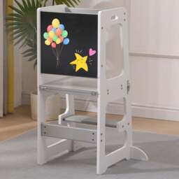 FurnitureHMD 2-in-1 White and Grey Kids Wooden Kitchen Step Stool with Blackboard and Safety Rail - Size: 84 x 57 x 45cm - White+Grey - Wilko - thumbnail 1