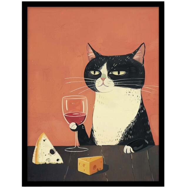 Artery8 Tuxedo Cat Wine Cheese Lover Framed Wall Art Print 21 x 29.7cm - Size: 32.3 x 23.4 x 1.5cm - Orange - Wilko - image 1