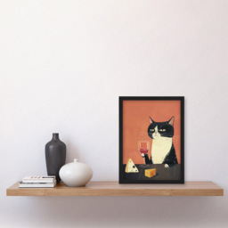 Artery8 Tuxedo Cat Wine Cheese Lover Framed Wall Art Print 21 x 29.7cm - Size: 32.3 x 23.4 x 1.5cm - Orange - Wilko - thumbnail 3