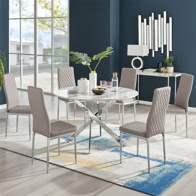 Furniturebox Arona Valera Marble Effect 6 Seater Round Dining Set White Chrome and Cappuccino - Brown - Wilko - image 1