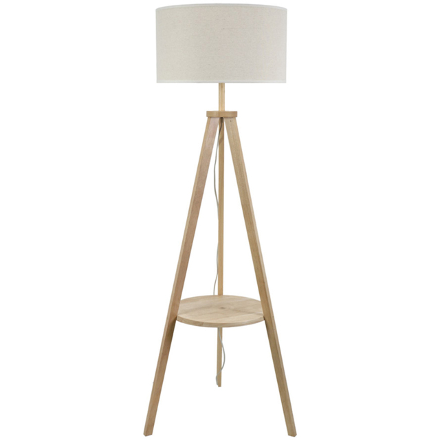 ValueLights Morrigan Natural Wood Shelf White Trim Shade Tripod Floor Lamp with Bulb - Cream - Wilko - image 1