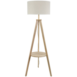 ValueLights Morrigan Natural Wood Shelf White Trim Shade Tripod Floor Lamp with Bulb - Cream - Wilko