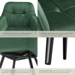 tectake Marilyn Set of 6 Dark Green and Black Quilted Velvet Dining Chair - Wilko - thumbnail 7