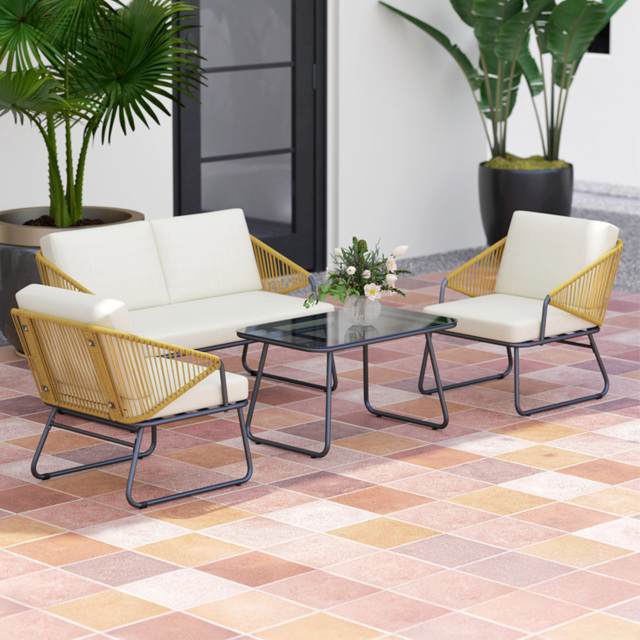 Outsunny 4 Seater Natural Cushion Rattan Garden Furniture Set - Yellow - Wilko - image 1